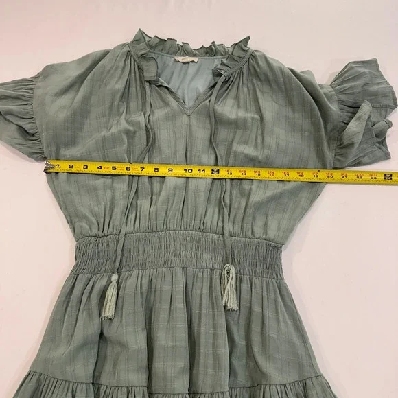 Entro Tiered Ruffle Mini Dress Women Large Sage Green Smocked Waist Cottagecore - Picture 8 of 9